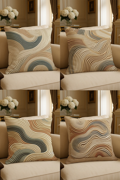 43x43 Modern Abstract Patterned Wave Decorative Cushion Cover 4-Piece Set – Beige Sand Tone Living Room Cushion
