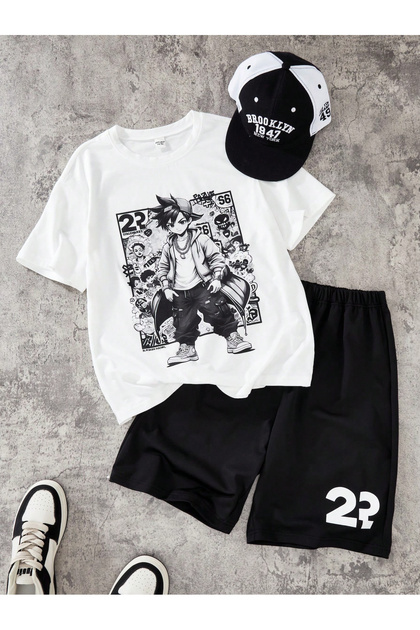Teen Boys Cartoon Anime Character Premium Kids Bottom Top T-Shirt Shorts Set