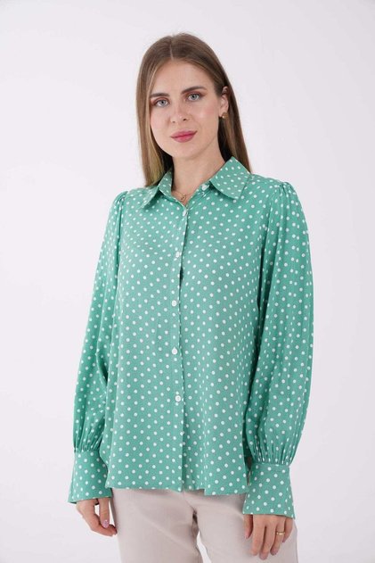 Women's Long Sleeve Polka Dot Shirt with Front Buttons