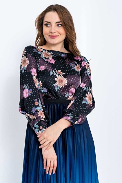Women's Long Sleeve Wide Floral Satin Blouse