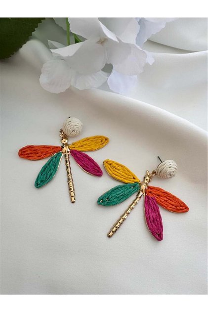 Colorful Straw Jute Thread Embroidered Dragonfly Earrings