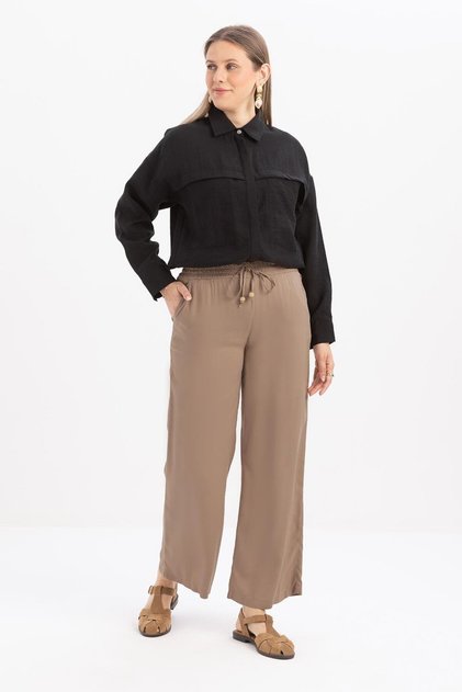 Vizon-Beli Lastikli Denim Pantolon
