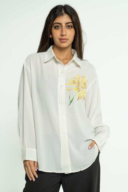Plain Shirt with Floral Print on Chest, Long Sleeves
