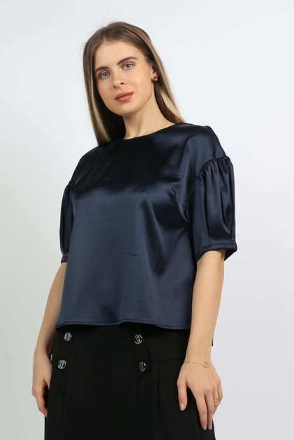 Women's Short Puff Sleeve Solid Satin Blouse