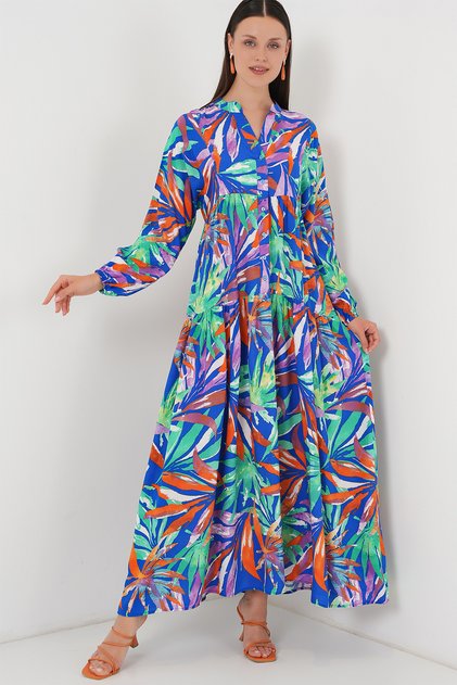 Women's Patterned Hijab Dress Navy Blue 1010