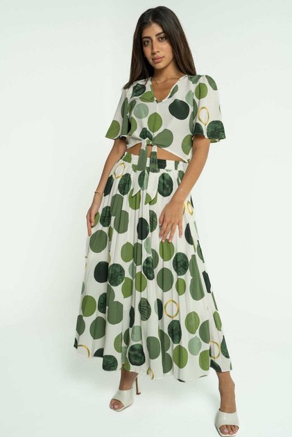 Pleated Midi Skirt with Circle Pattern