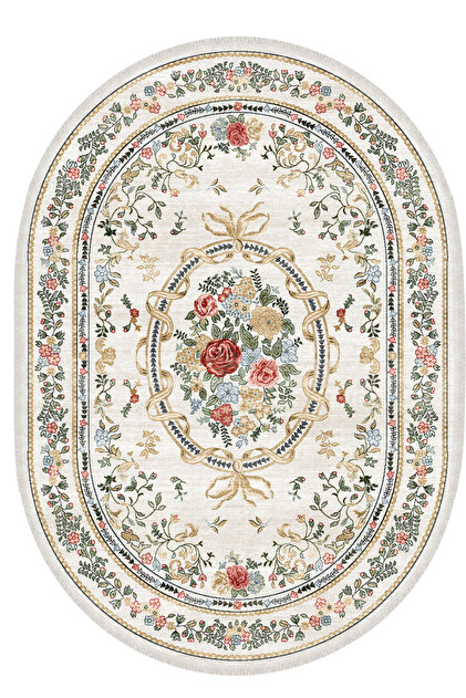 Lavin Oval Fransız Desen Yıkanabilir Dokuma Taban Salon Mutfak Balkon Oturma Odası Kilim