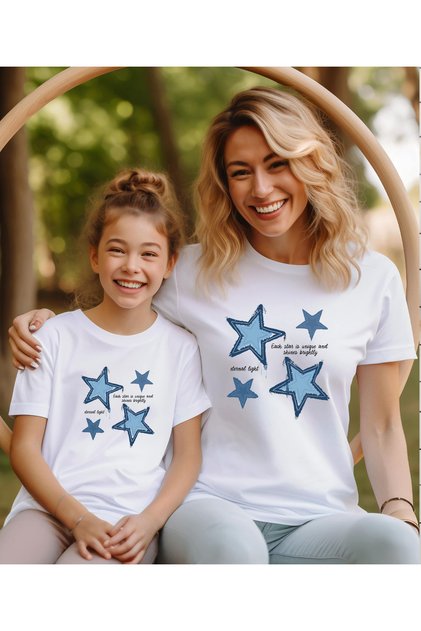 Blue Star Star Printed Mother-Daughter Combination T-Shirt (Add 2 Items to Make a Combination)