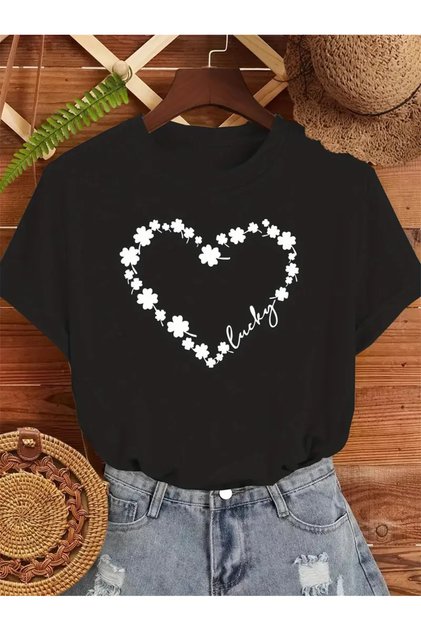 Four Leaf Clover Heart Print and Love Lettering Crew Neck Short Sleeve T-Shirt