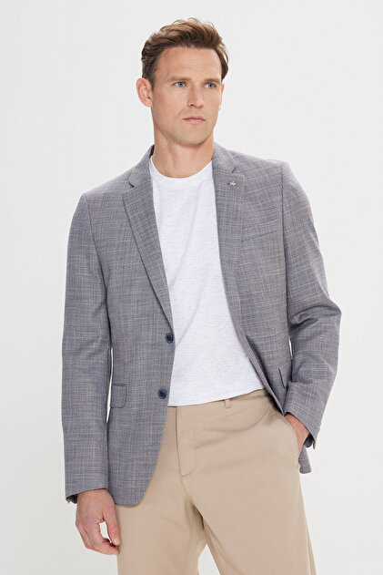 Erkek Lacivert Comfort Fit Rahat Kesim Mono Yaka Casual Blazer Ceket