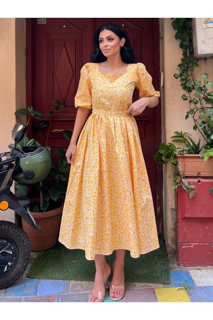 Yellow Daisy Flared Square Neck Dress