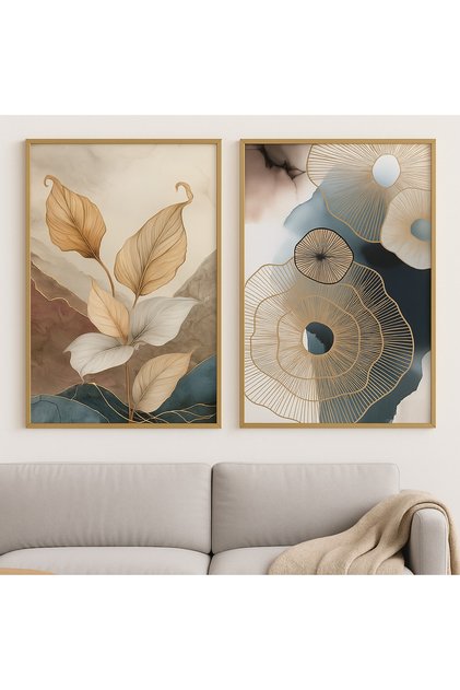 Necturne - Gerçek Cama Baskı Gold Alüminyum Metal Çerçeveli 2'li Modern Tablo