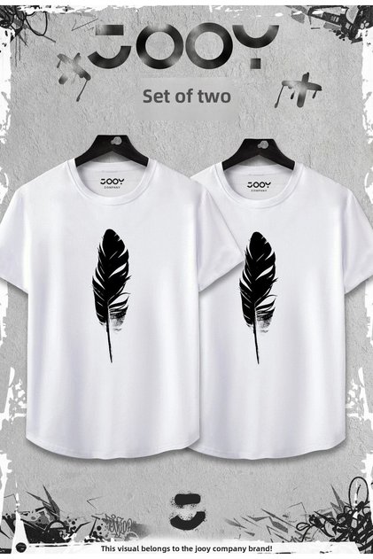 White Set of 2 Feather Printed Slim Fit Oval Cut T-shirt