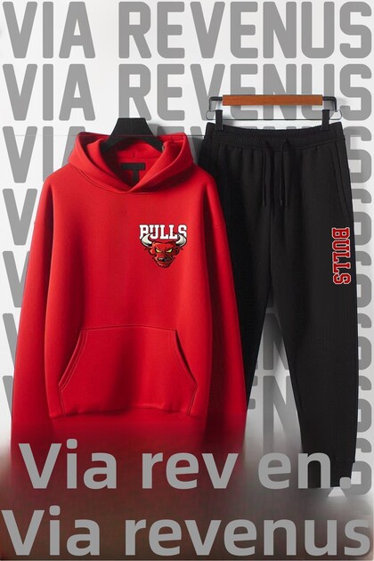 Bulls Printed Unisex Wide Fit Soft Fabric Hooded Tracksuit Set