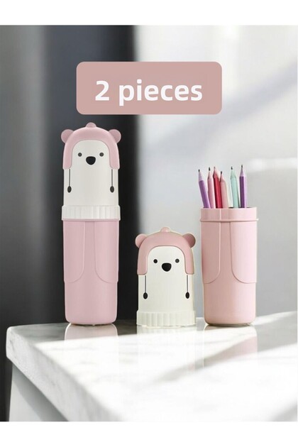 2Pcs Pink Capped Pen Holder Travel Type Accessory Carrying Container Toothpaste Toothbrush Storage Box