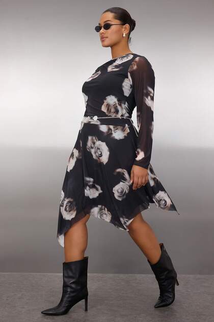 Black Floral Pattern Tulle Knitted Plus Size Dress Tbbaw26Ah00013