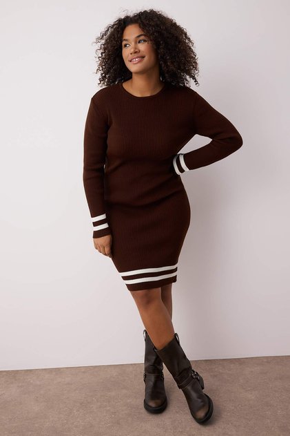 Rochie din tricot cu nervuri cu dungi maro TBBAW24AH00019