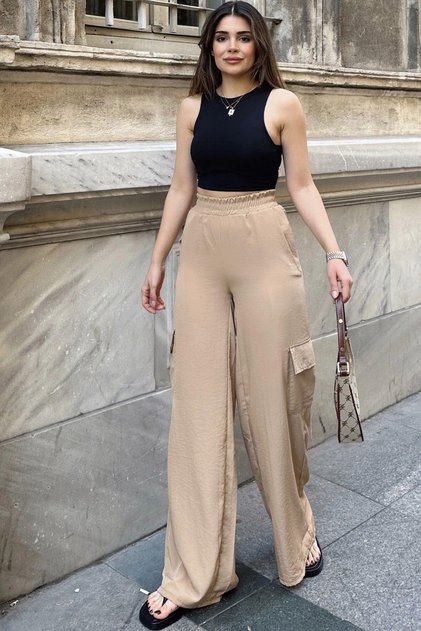 Women's Beige Elastic Waist, Cargo Pockets, Wide Leg Kupra Fabric Palazzo Trousers - Suitable for Hijab