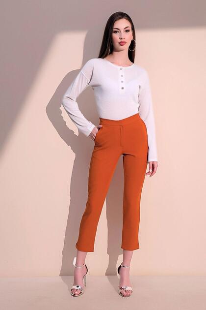 Women's Tile Waist Elastic Stripe Detailed Pencil Pants with Back and Side Pockets