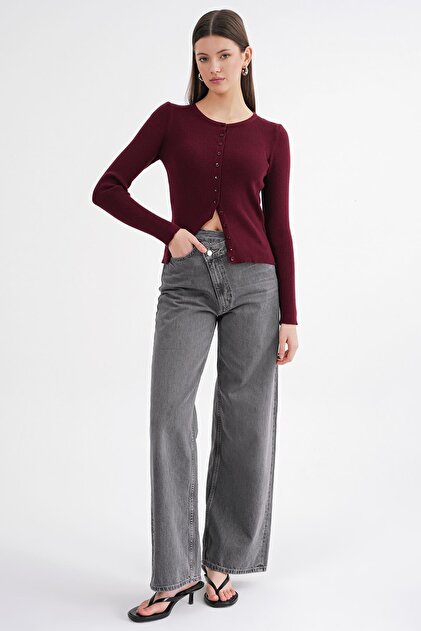 Mixray 6931 Kadın Düğmeli Fitilli Triko Hırka Bordo - Fiyatı
