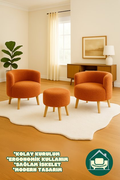 Elegant Comfort Tarçın Rengi Çay Seti Ve Peluş Ikili Berjer & Puf Takımı - 3'lü Set