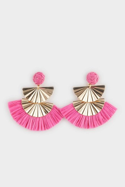 Women's Pink Straw Detailed Gold Earrings F0840Axns