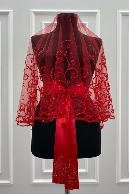 Red Bridal Veil Set, Glass Beads and Sequins Printed Henna Veil Set 6 Pieces