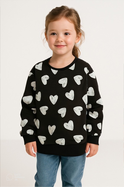 %100 Pamuk Kalp Baskılı Kız Çocuk Sweatshirt - Koyu Gri