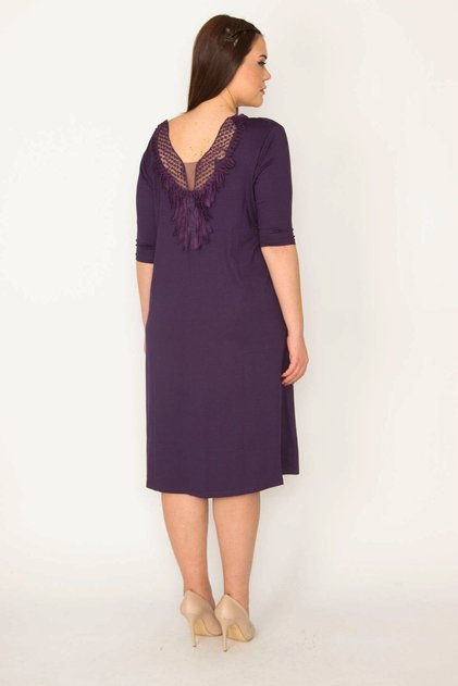 Women's Plus Size Purple Collar Tulle and Lace Detailed Dress 65n33040