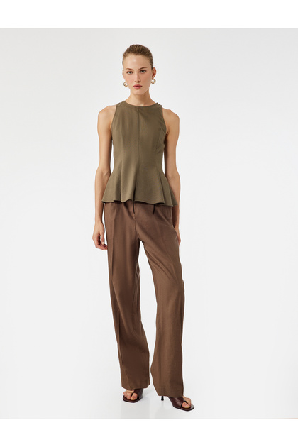 Loose Fit Sleeveless Crew Neck Linen Peplum Blouse