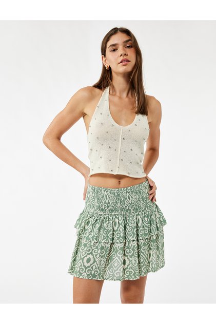 Patterned Viscose Mini Skirt with Layered Gipe Detail