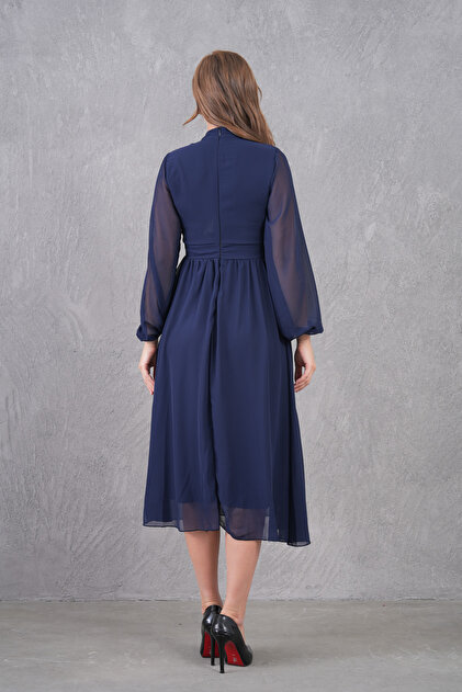 sachin and babi light blue dress Feather Trim Tie Waist Long Sleeve Chiffon V-Neck, Sashira Feathered Gown in Navy, Size L,