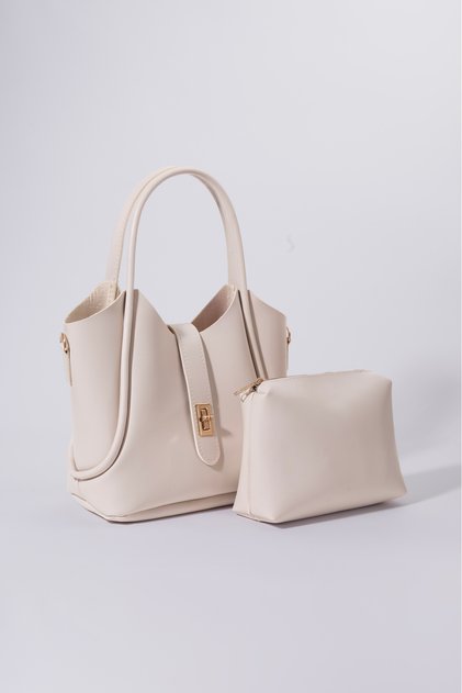 Women's Cream Lock Detailed Set of 2 Hand and Shoulder Bags and Makeup Bag