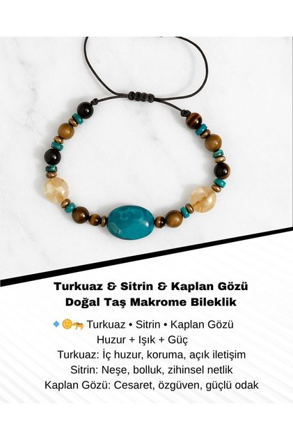 Certified Turquoise & Citrine & Tiger Eye Natural Stone Macrame Bracelet