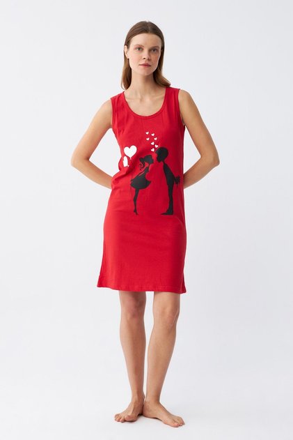 Women's Thick Strap Combed Cotton Above Knee Red Nightgown 11310