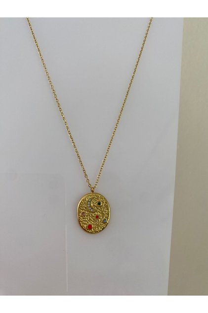 Colorful Crescent Stone Oval Gold Steel Necklace