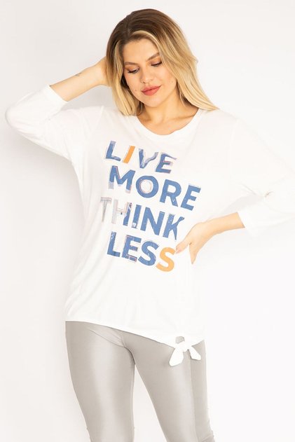 Women's Large Size Bone Front Stone and Printed Long Sleeve Blouse with Side Tie Detail 65n35350