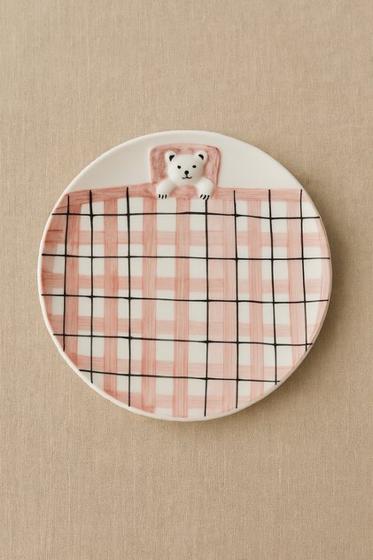 1'Li 19cm Ceramic Plaid Design Lying Bear Shaped Handmade Pastry Plate Dessert Breakfast Pastry Plate