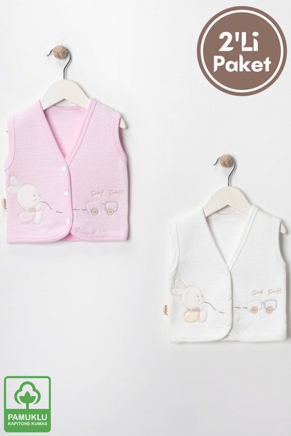 Baby Girl Rabbit Embroidered Organic Cotton 3-6-9 Months 2-Piece Quilted Baby Vest - Pink