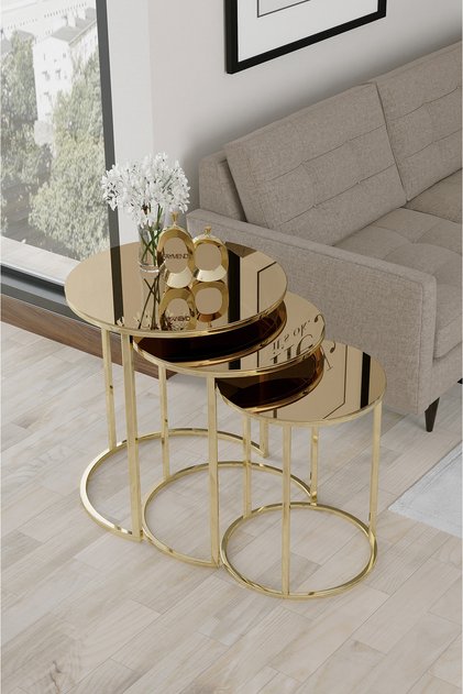 Gold Bronz Aynalı Zigon Sehpa