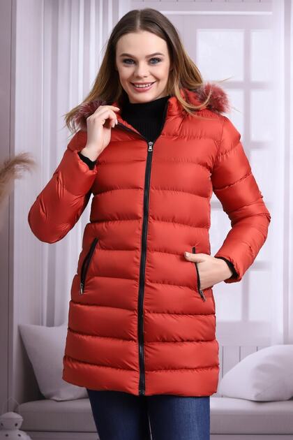 MUSD LİFE Red Color Women's Plush Puffer Jacket with Microgel