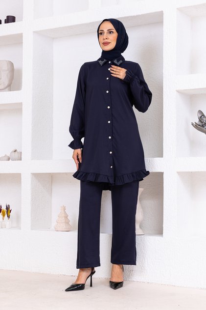 Stone Detailed Buttoned Cotton Double Suit Navy Blue