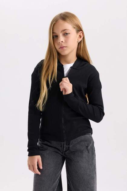 Defacto Kız Çocuk Kapüşonlu Fitilli Kaşkorse Fermuarlı Sweatshirt