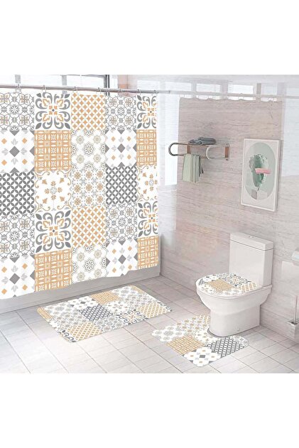 Set 4 piese baie, husa capac, covoras toaleta, covoras de baie, perdea de dus, model Grafic
