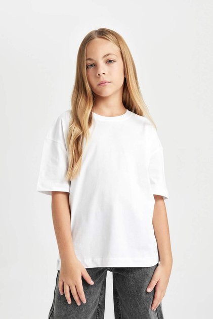 Oversized Bicycle Collar Basic Short-Sleeve T-Shirt for Girls, D3345A824Au.