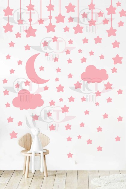 Pink Clouds and Stars Baby and Kids Room Wall Sticker Set