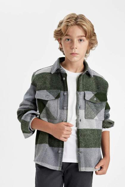 Boy's Oversize Wide Fit Checkered Polo Collar Flannel Long Sleeve Shirt C9732A824Wn