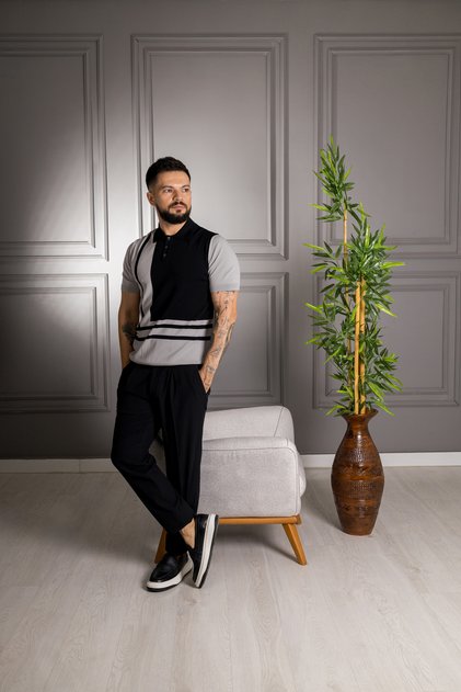 İnterview Polo Yaka Rayon İnce Triko Siyah Gri T-Shirt