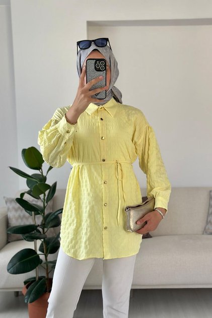 Women's Tokyo Fabric Mobile Belted Gold Buttoned Long Sleeve Hijab Shirt