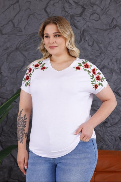 Women's Plus Size V-Neck Shoulder Flower Embroidery Sleeve Detailed Stretchy Viscose T-Shirt